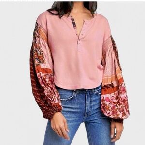 Free People Patchwork Boho Henley Top Wide Sleeve Size M